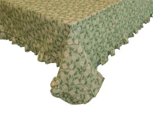 Duk FANNY med beige blommor och gröna blad på grön bottenfärg. Volang runt kanten.