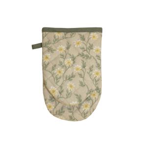 Grillvante FANNY med gula blommor och gröna blad på beige bottenfärg.