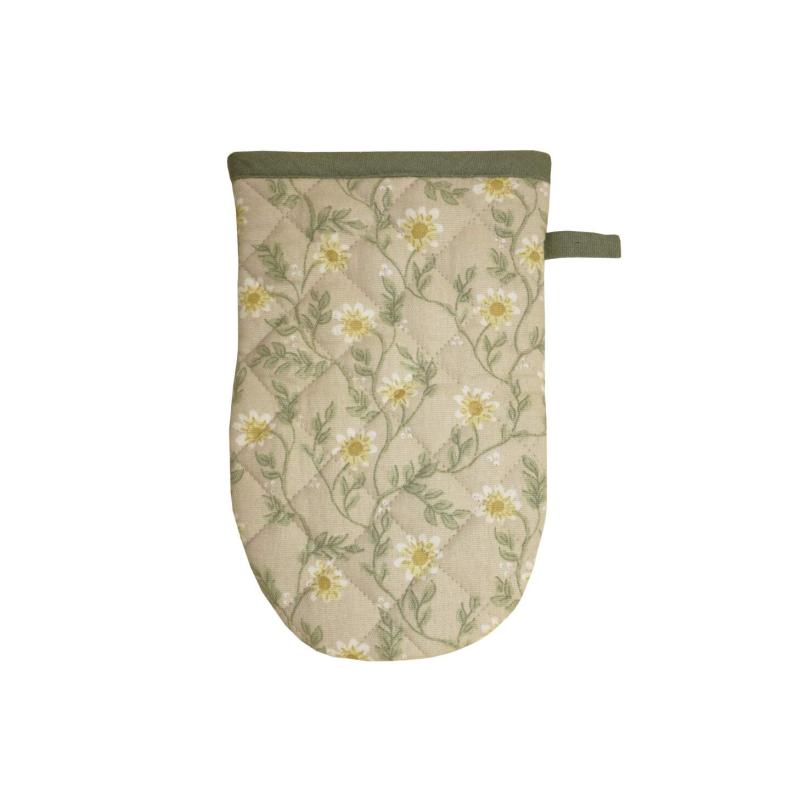 Grillvante FANNY med gula blommor och gröna blad på beige bottenfärg.