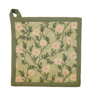 Grytlapp FANNY med beige blommor och gröna blad på grön bottenfärg