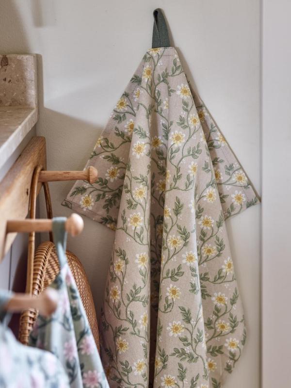 Kökshandduk FANNY med gula blommor och gröna blad på beige bottenfärg
