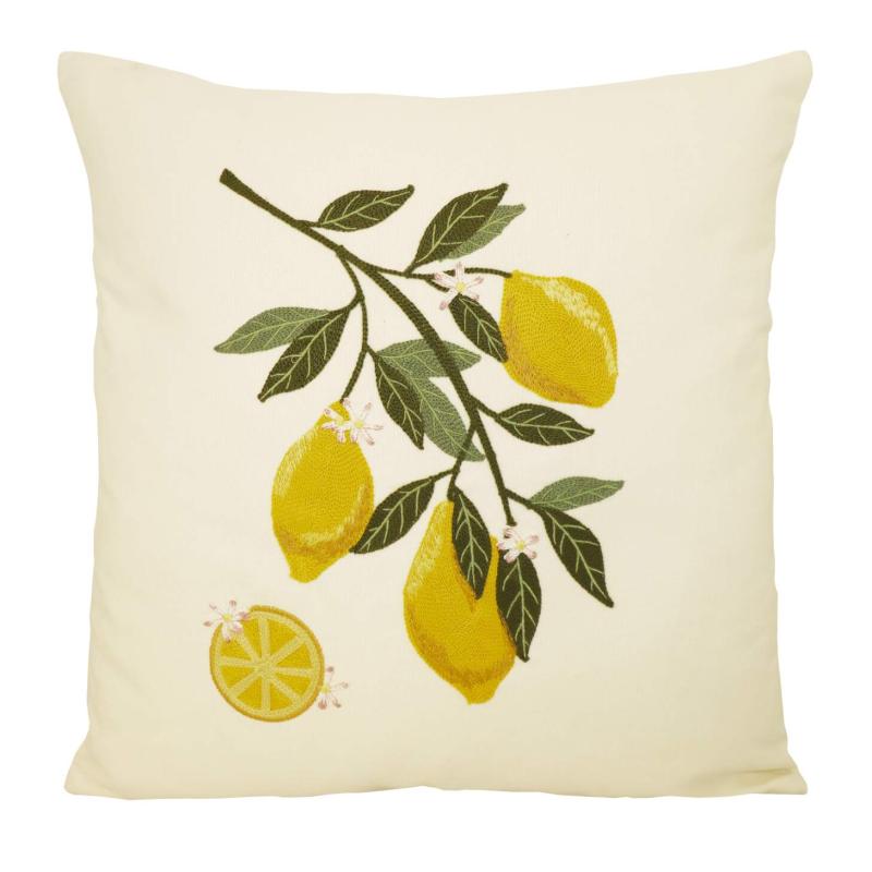Kuddfodral LEMONS med broderade gula citroner och gröna blad