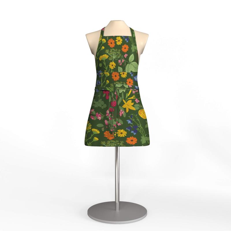 Förkläde Hedemora, med blommor, blad, bär och grönsaker, 1 pack. Stl 65x85cm, Grön