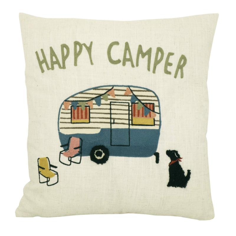 Kuddfodral HAPPY CAMPER med broderad husvagn