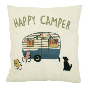 Kuddfodral HAPPY CAMPER med broderad husvagn