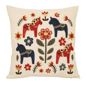 Kuddfodral AVESTA med broderade blommor och Dalahästar