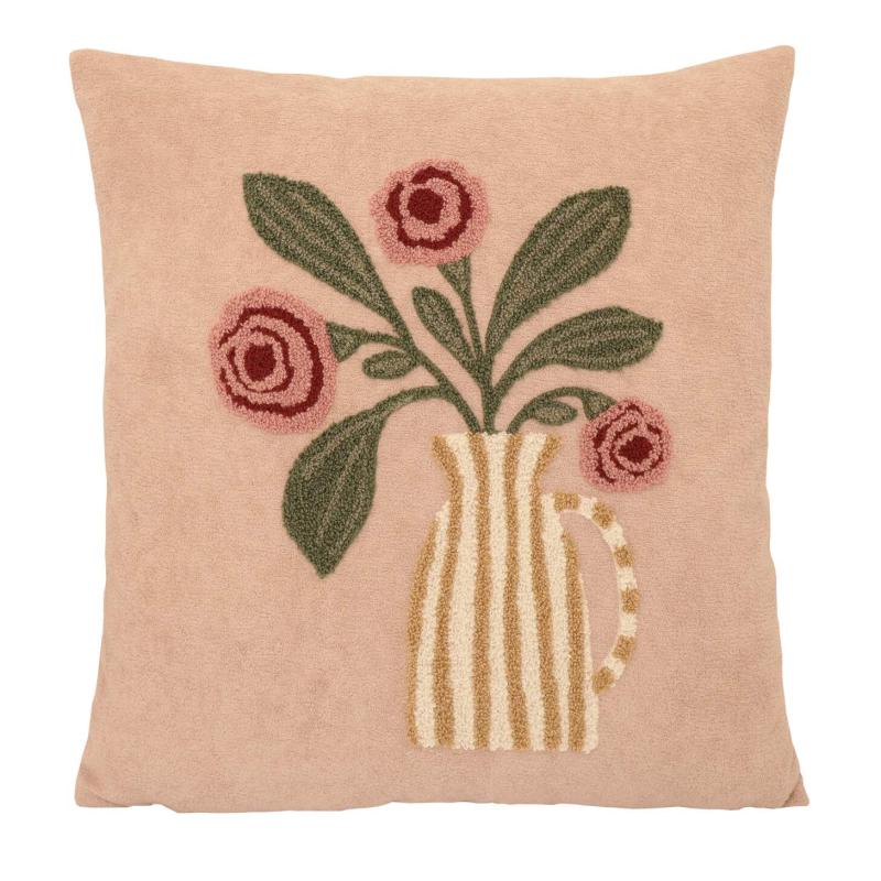 Kuddfodral HARRIET i rosa teddykvalite med broderade rosa blommor i en vas
