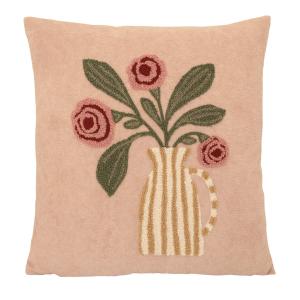 Kuddfodral HARRIET i rosa teddykvalite med broderade rosa blommor i en vas