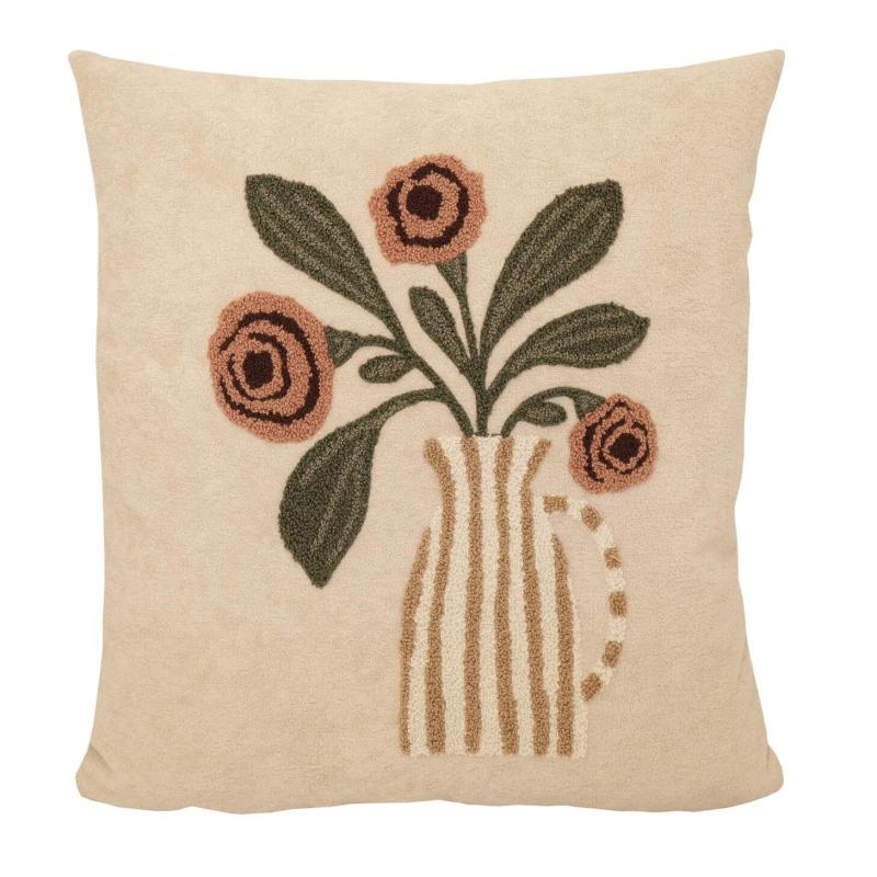 Kuddfodral HARRIET i beige teddykvalite med broderade laxrosa blommor i en vas
