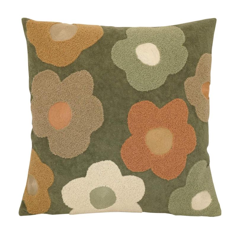 Kuddfodral DAISY med blommor i teddybrodyr i grönt, orange och beige
