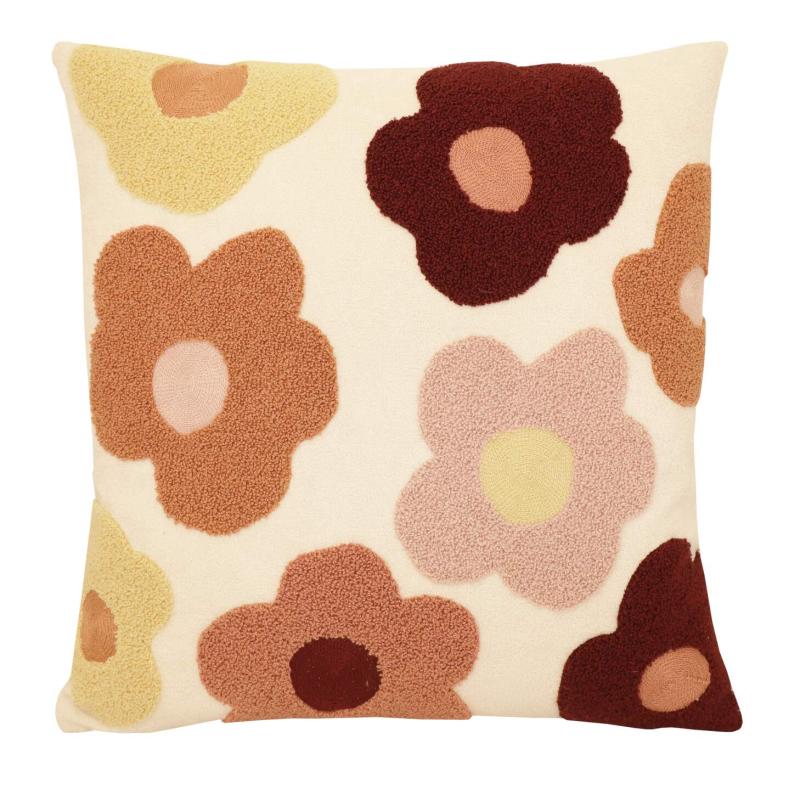 Kuddfodral DAISY med blommor i teddybrodyr i orange, vinröd, gul och rosa