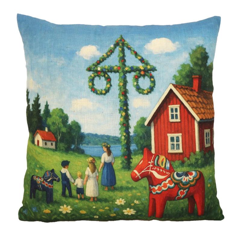 Kuddfodral MIDSOMMAR med Dalahäst, Midsommarstång, röda stuga och barn