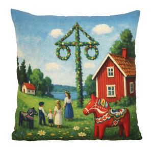 Kuddfodral MIDSOMMAR med Dalahäst, Midsommarstång, röda stuga och barn