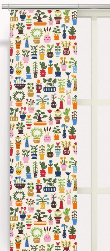 Panelgardin ORANGERIET, retromönster med blommor i krukor. 2 pack. Stl. 43x240cm, multifärg.