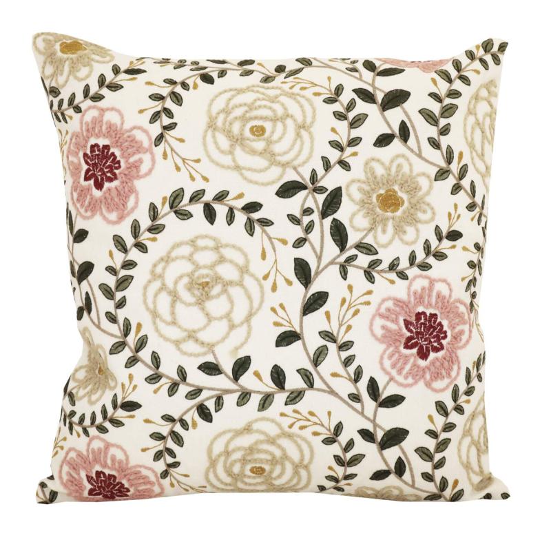 Kuddfodral BIANCA med broderade blommor och blad i rosa, beige och grönt