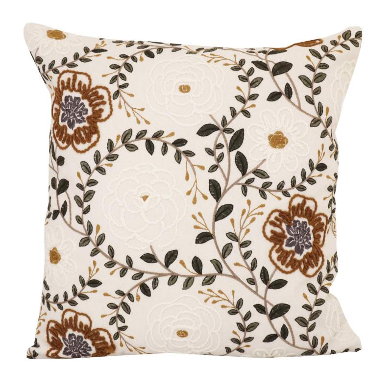 Kuddfodral BIANCA med broderade blommor och blad i rost, vitt och grönt