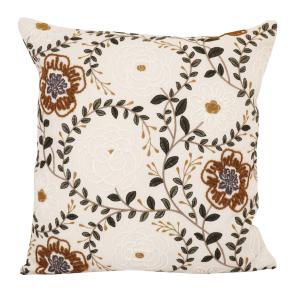 Kuddfodral BIANCA med broderade blommor och blad i rost, vitt och grönt