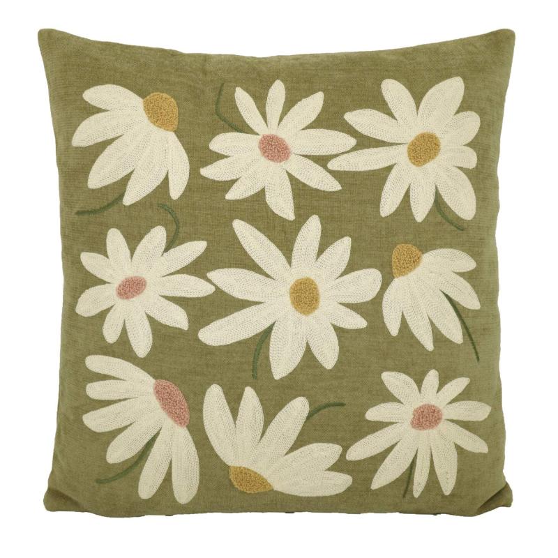 Kuddfodral FLORA i grön chenille med broderade blommor i offwhite