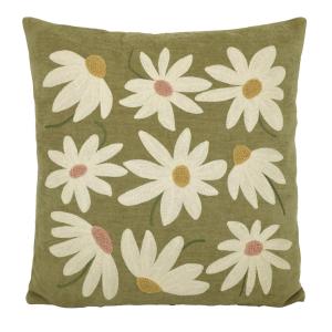 Kuddfodral FLORA i grön chenille med broderade blommor i offwhite