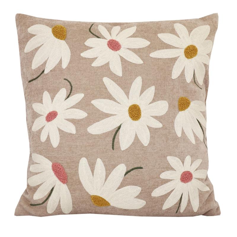 Kuddfodral FLORA i linnefärgad chenille med broderade blommor i offwhite