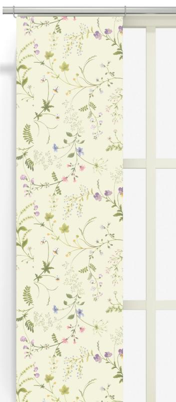 Panelgardin Blomsteryra, med sommarens vilda slingrande blommor på ljusgul botten