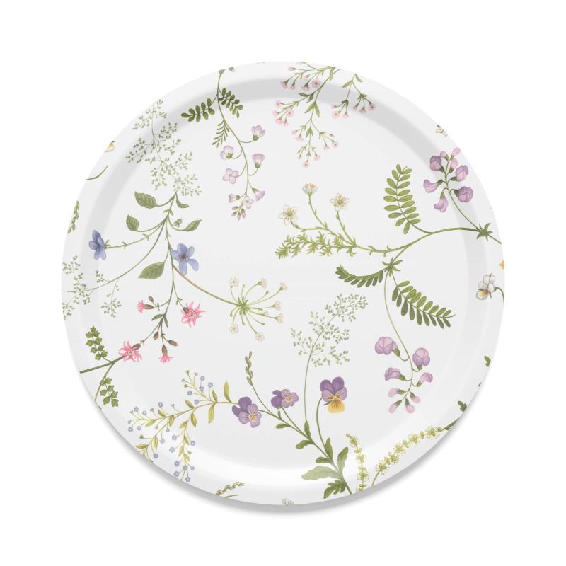Rund Bricka Blomsteryra, med sommarens vilda slingrande blommor. Stl 31cm. Offwhite/Grön