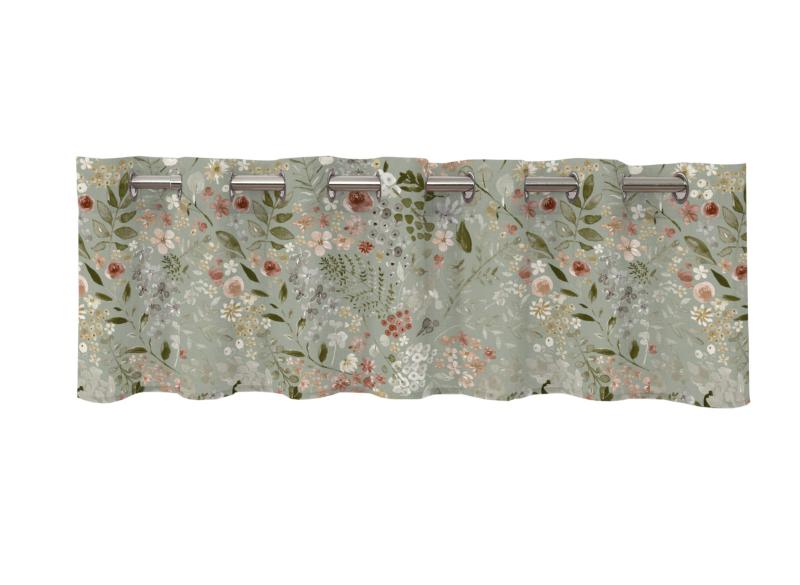 Gardinkappa Ida med blommönster i brunbeiga nyanser på grön bottenfärg
