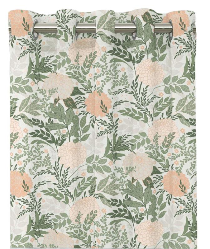 Gardin GARDEN med aprikosfärgade blommor och gröna blad på ljus beige bottenfärg