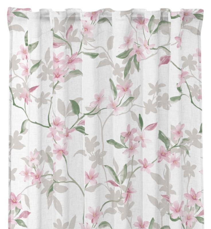 Gardin GERTRUD med slingrande rosa blommor och gröna blad