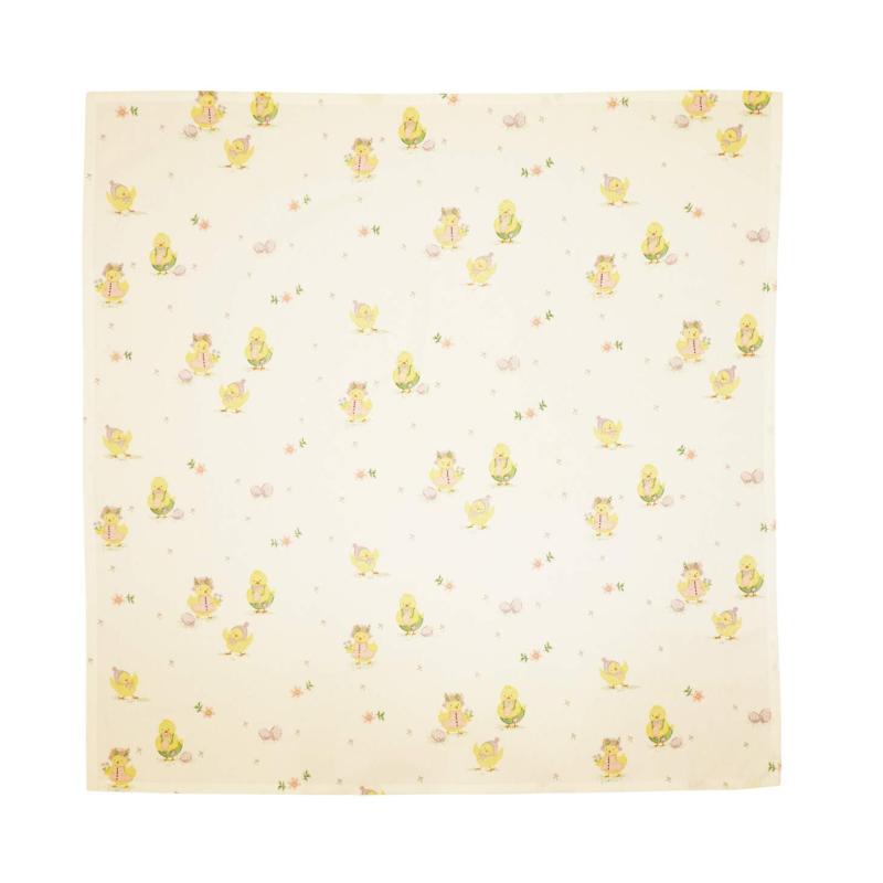 Fyrkantig duk HÖNÖ med tryckta påskägg, påskkycklingar och små blommor på offwhite bottenfärg