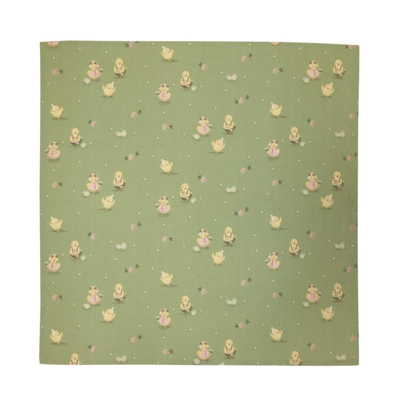 Fyrkantig duk HÖNÖ med tryckta påskägg, påskkycklingar och små blommor på grön bottenfärg