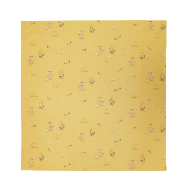 Fyrkantig duk HÖNÖ med tryckta påskägg, påskkycklingar och små blommor på gul bottenfärg