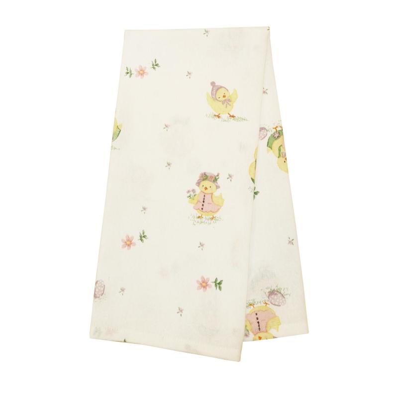 Kökshandduk HÖNÖ med tryckta påskägg, påskkycklingar och små blommor på offwhite bottenfärg