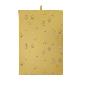 Kökshandduk HÖNÖ med tryckta påskägg, påskkycklingar och små blommor på gul bottenfärg