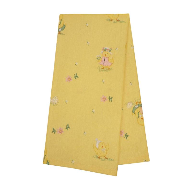 Kökshandduk HÖNÖ med tryckta påskägg, påskkycklingar och små blommor på gul bottenfärg