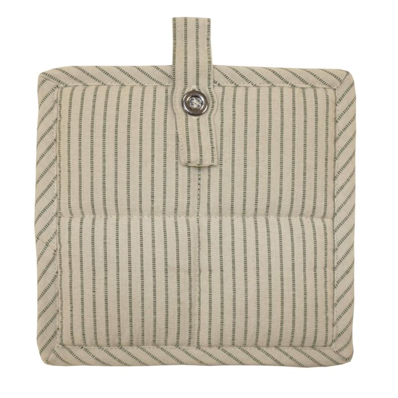 Grytlapp YSTAD med smala vävda ränder i grönt på linnefärgad botten