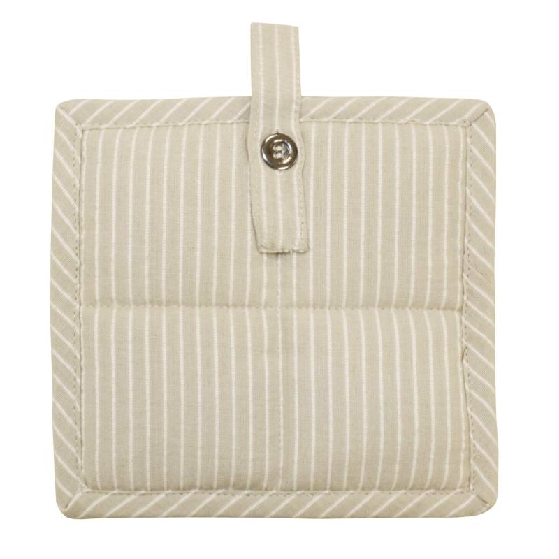 Grytlapp YSTAD med smala vävda ränder i vitt på linnefärgad botten