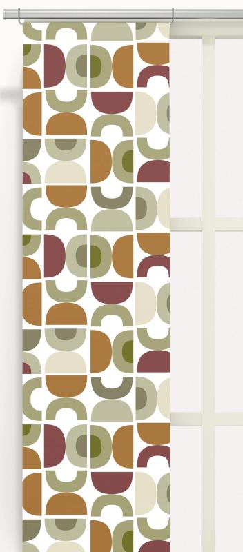 Panelgardin Spiraldans, retromönster i beige, grön, brun och vinröd på vit botten, 2 pack, Stl 43x240cm, Beige