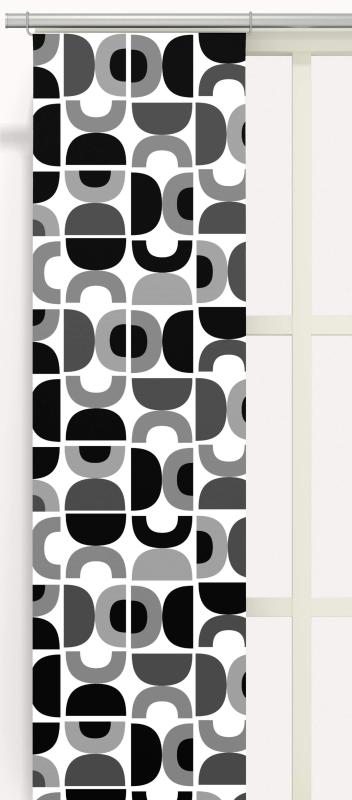 Panelgardin Spiraldans, retromönster i grått och svart på vit botten, 2 pack, Stl 43x240cm, Grå