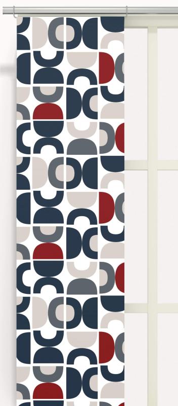 Panelgardin Spiraldans, retromönster i blå, grå och röd på vit botten, 2 pack, Stl 43x240cm, Blå
