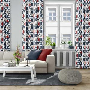 Kuddfodral Spiraldans, retromönster i blå, grå och röd på vit botten, 47x47cm, Blå