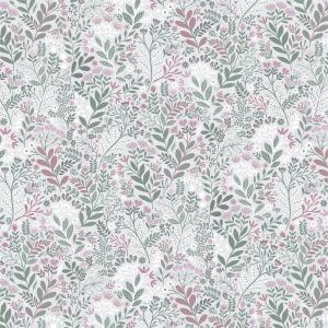 Gardinkappa HAGE på metervara, blad och blommor i rosa och grönt, ljusgrå bottenfärg