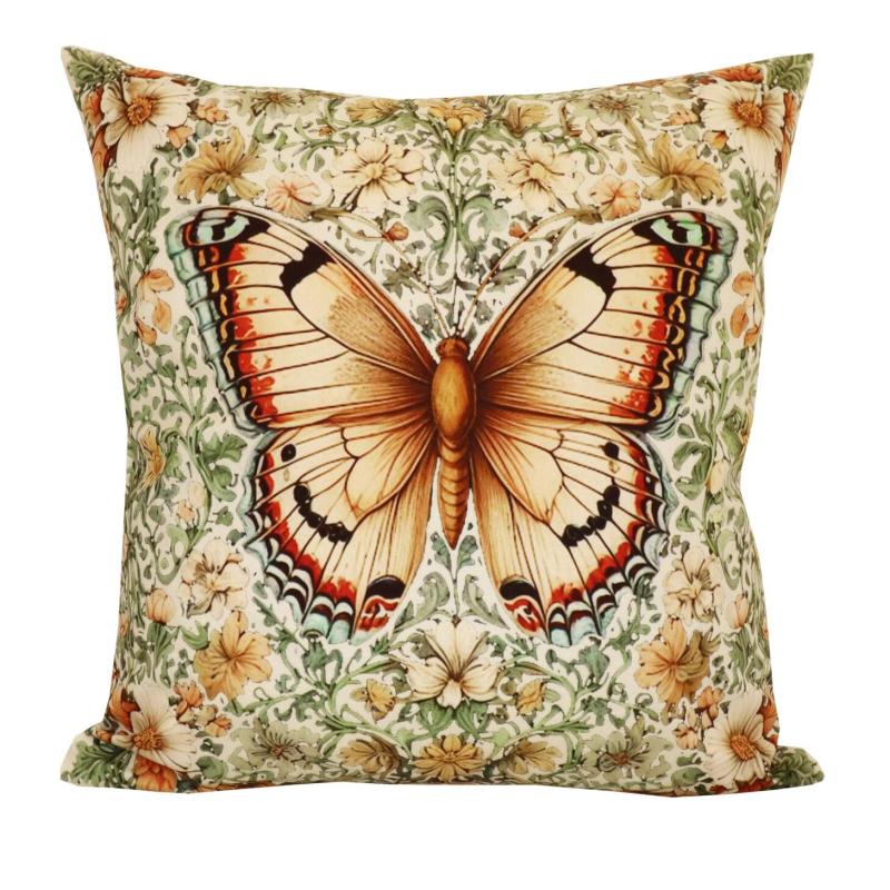 Kuddfodral BUTTERFLY med en stor fjäril och små blommor i aprikos