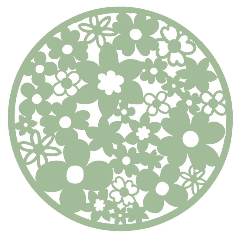 Rund Bordstablett, tallriksunderlägg BLOSSOM i filt med utstansade blommor i grönt