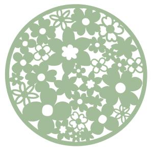 Rund Bordstablett, tallriksunderlägg BLOSSOM i filt med utstansade blommor i grönt