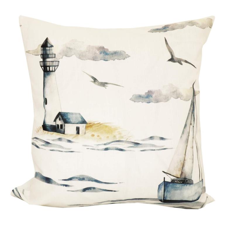 Kuddfodral SEGLA i marint tema med en segelbåt, fyr och fiskmåsar