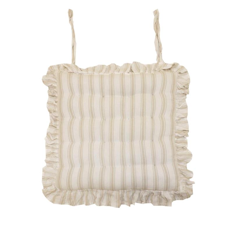Stolsdyna MADICKEN randig i linnefärg och offwhite med volang runt kanten