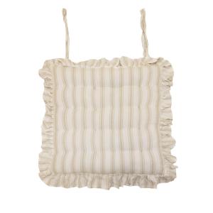 Stolsdyna MADICKEN randig i linnefärg och offwhite med volang runt kanten