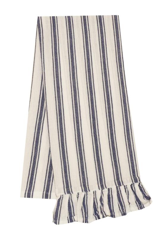 Kökshandduk MADICKEN randig i blått och offwhite med volang i nederkanten