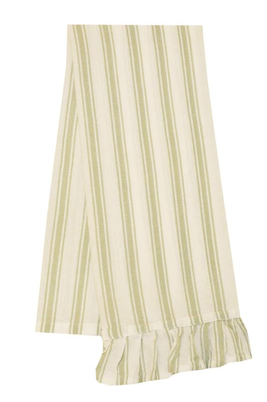 Kökshandduk MADICKEN randig i grönt och offwhite med volang i nederkanten
